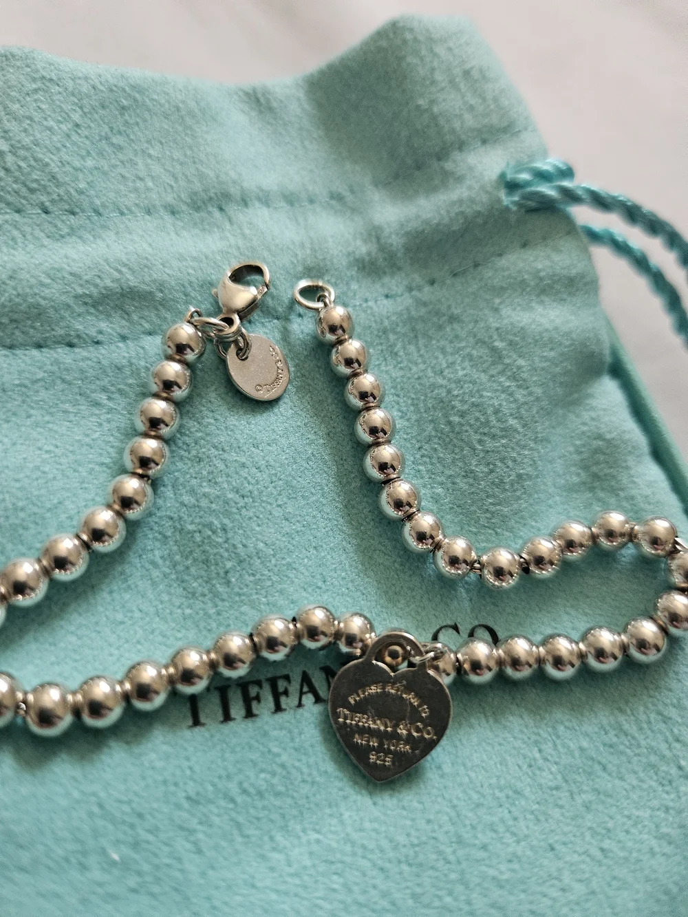 Tiffany & Co. Sterling Silver Bead Bracelet with Heart Tag - Blue (Pouch)